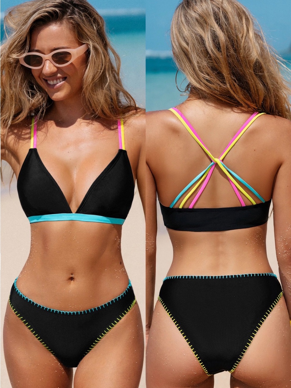 NWT Cupshe Black Bikini set with Neon Pink, Yellow & Aqua Straps- Size M